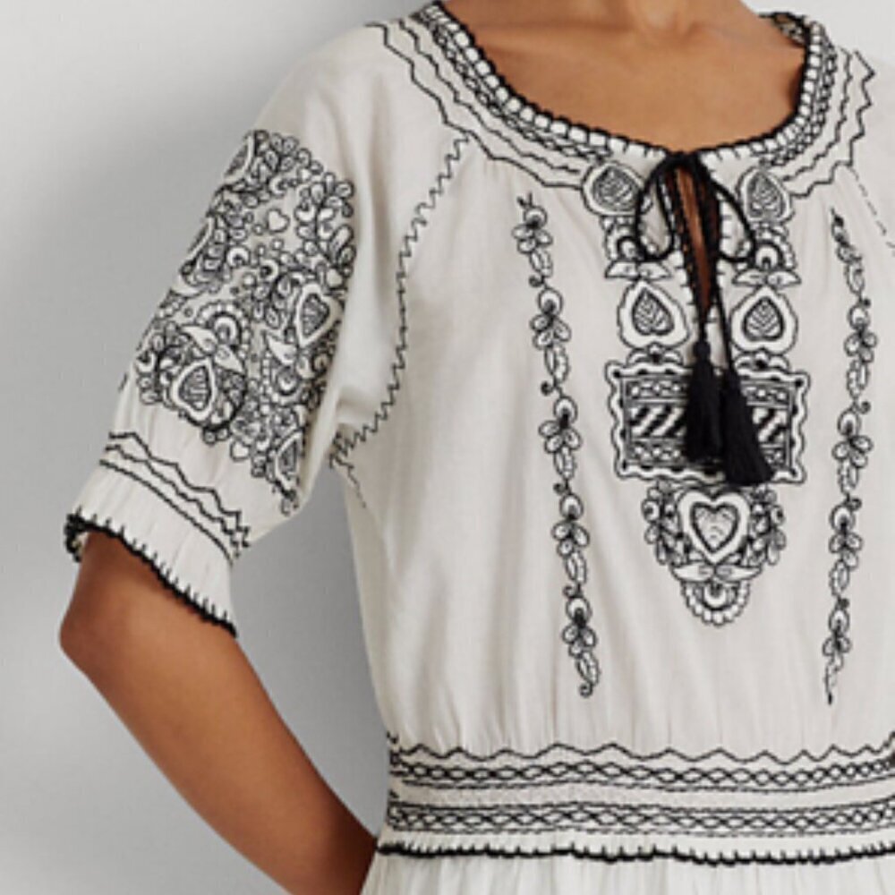 Lauren Ralph Lauren Smocked & Embroidered Tiered Cotton Voile Dress NWT 14